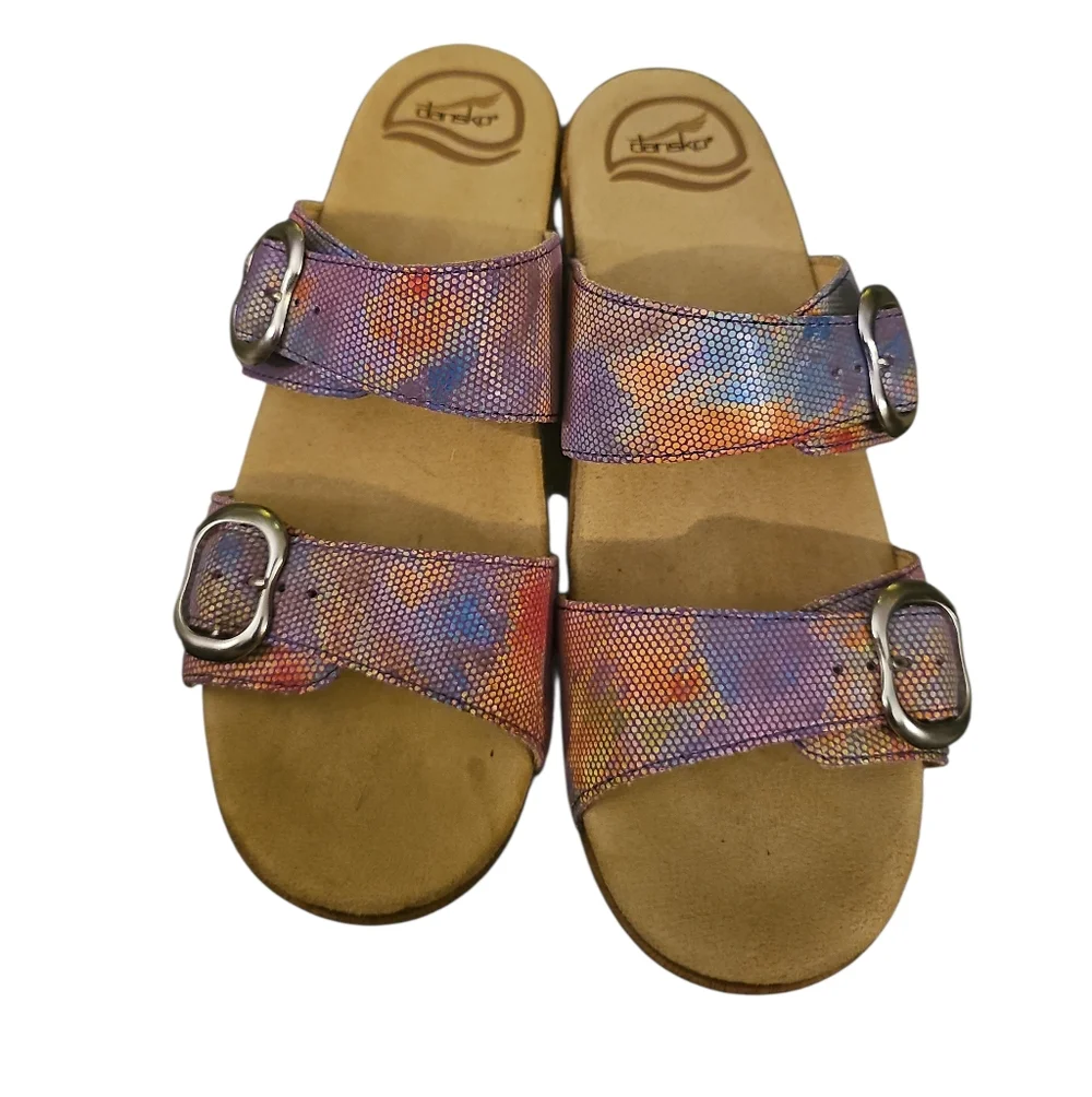 Dansko Sophie Sandals 37 Sparkle Slide Purple Rainbow Buckle Iridescent Slip On - Picture 2 of 6